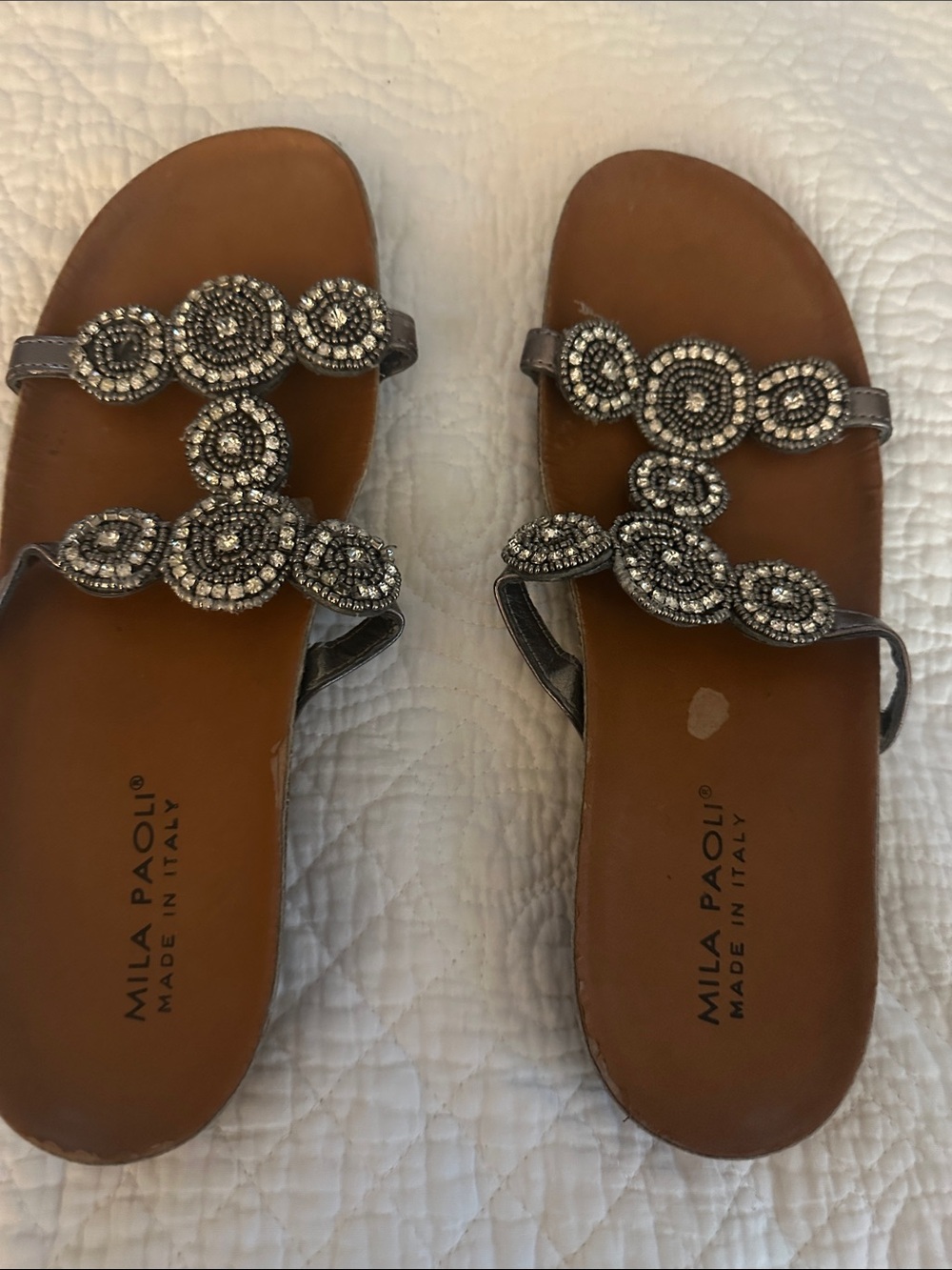 Mila Paoli Gunmetal Beaded Leather Slide Sandals